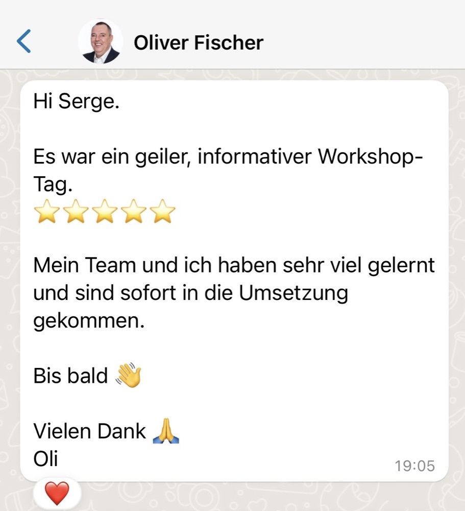WhatsApp-Nachricht von Oli Fischer nach dem Workshop