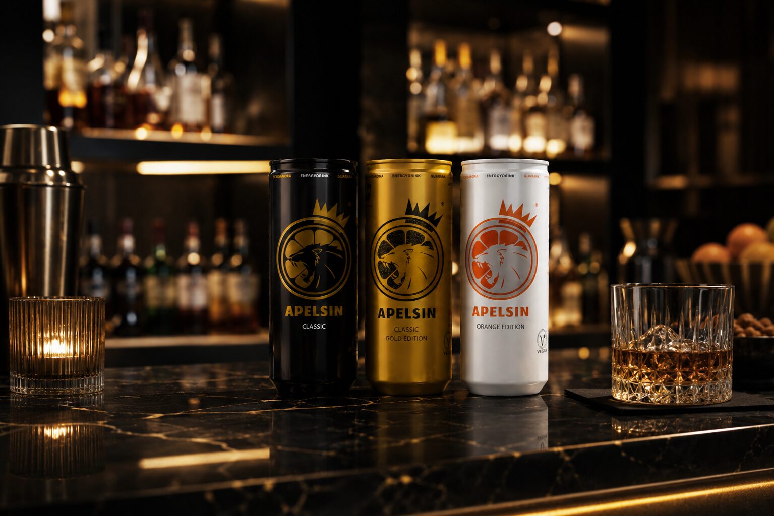 Apelsin Drinks — Brand World, Dosen im Bar-Setting