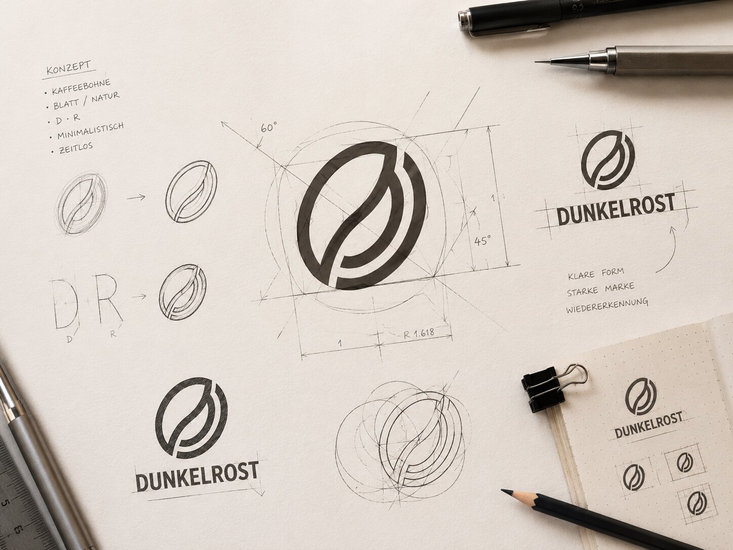Dunkelrost — Logo-Entwurf, Konstruktion und Skizzen